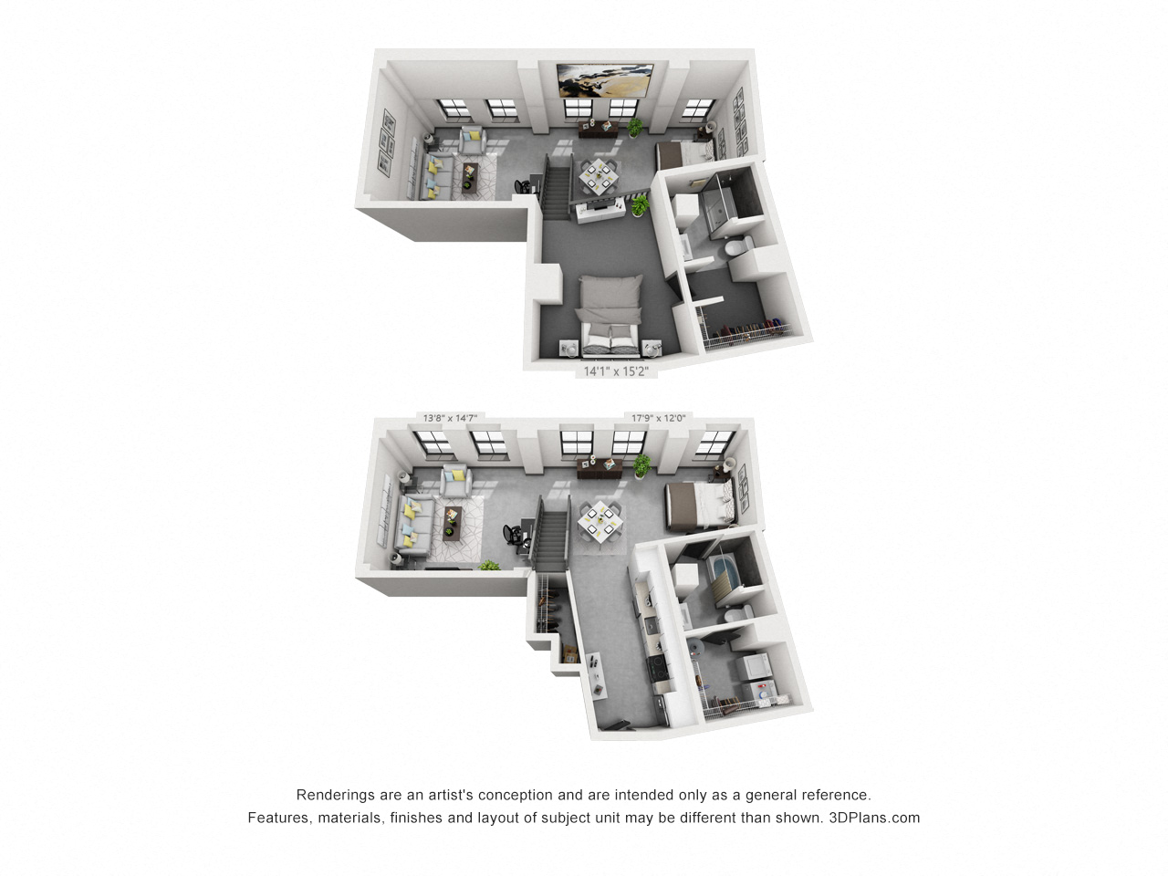 Floor plan for 2 beds, 2 baths, 1283 sqft